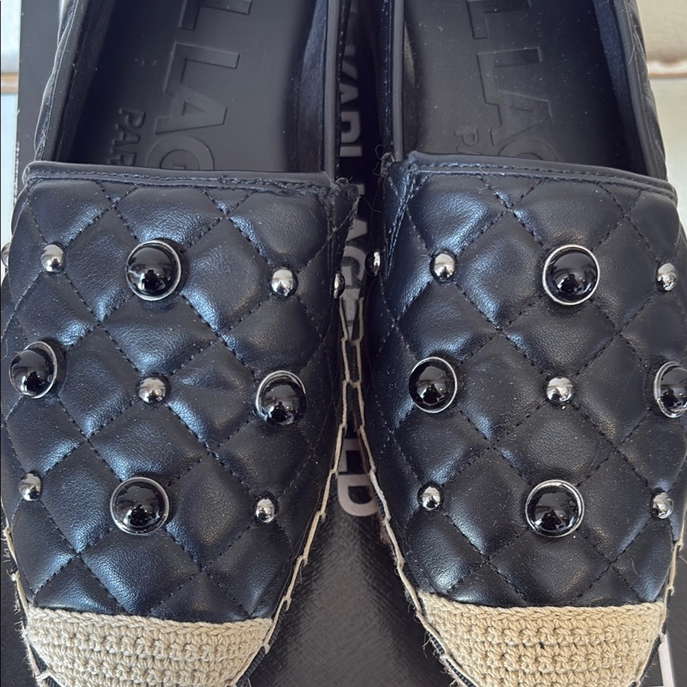 ⚜️Karl Lagerfeld Black Quilted Studded Espadrille Platform Flats